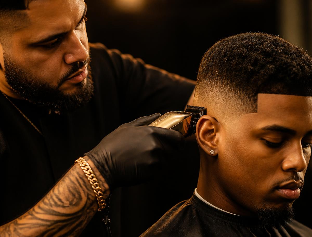Barbeiro finalizando um corte degradê em cliente
